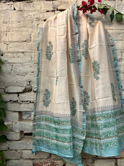 AASMANI: Handblock Printed Silk-Cott Chanderi Dupatta