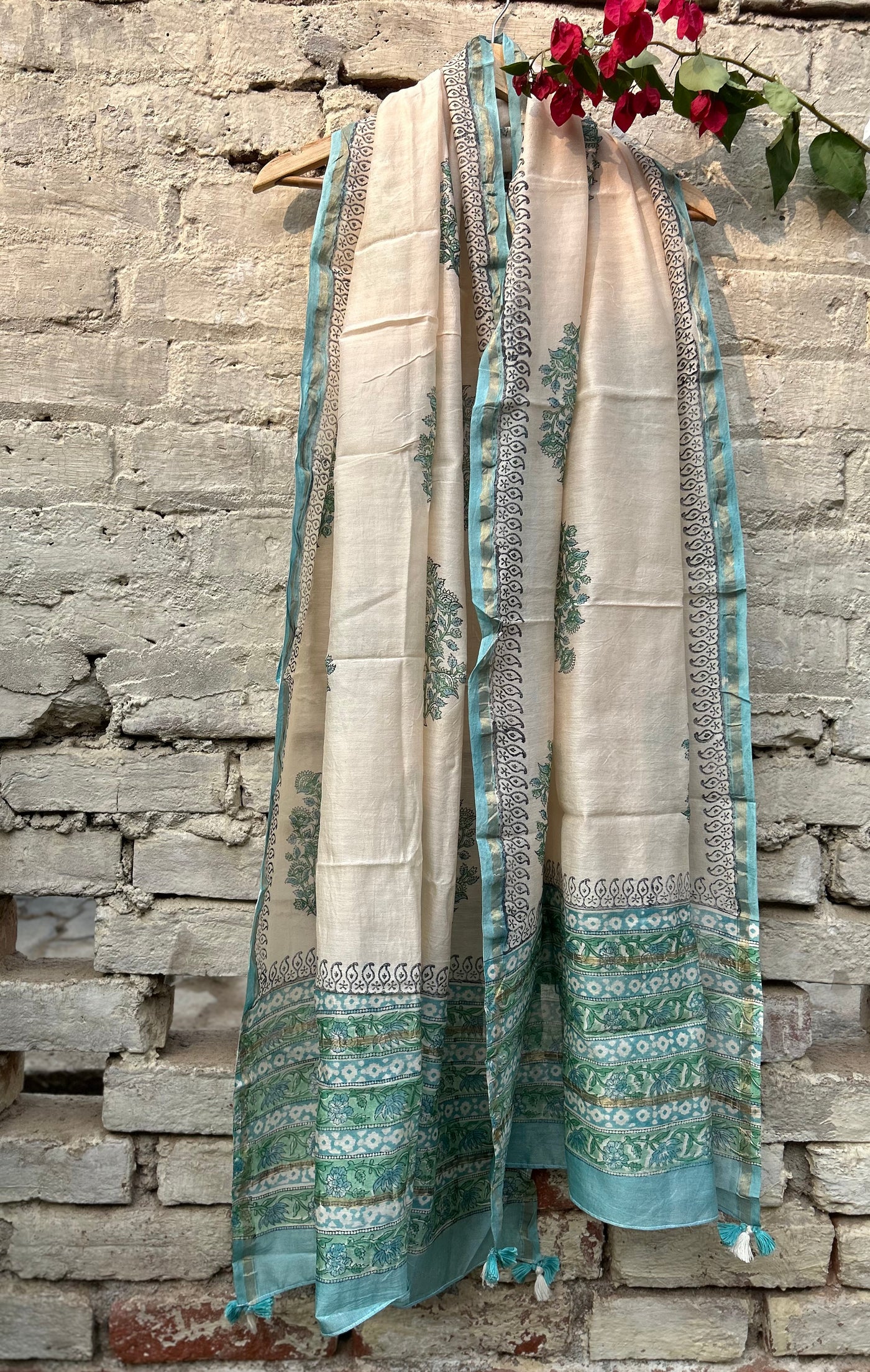 AASMANI: Handblock Printed Silk-Cott Chanderi Dupatta