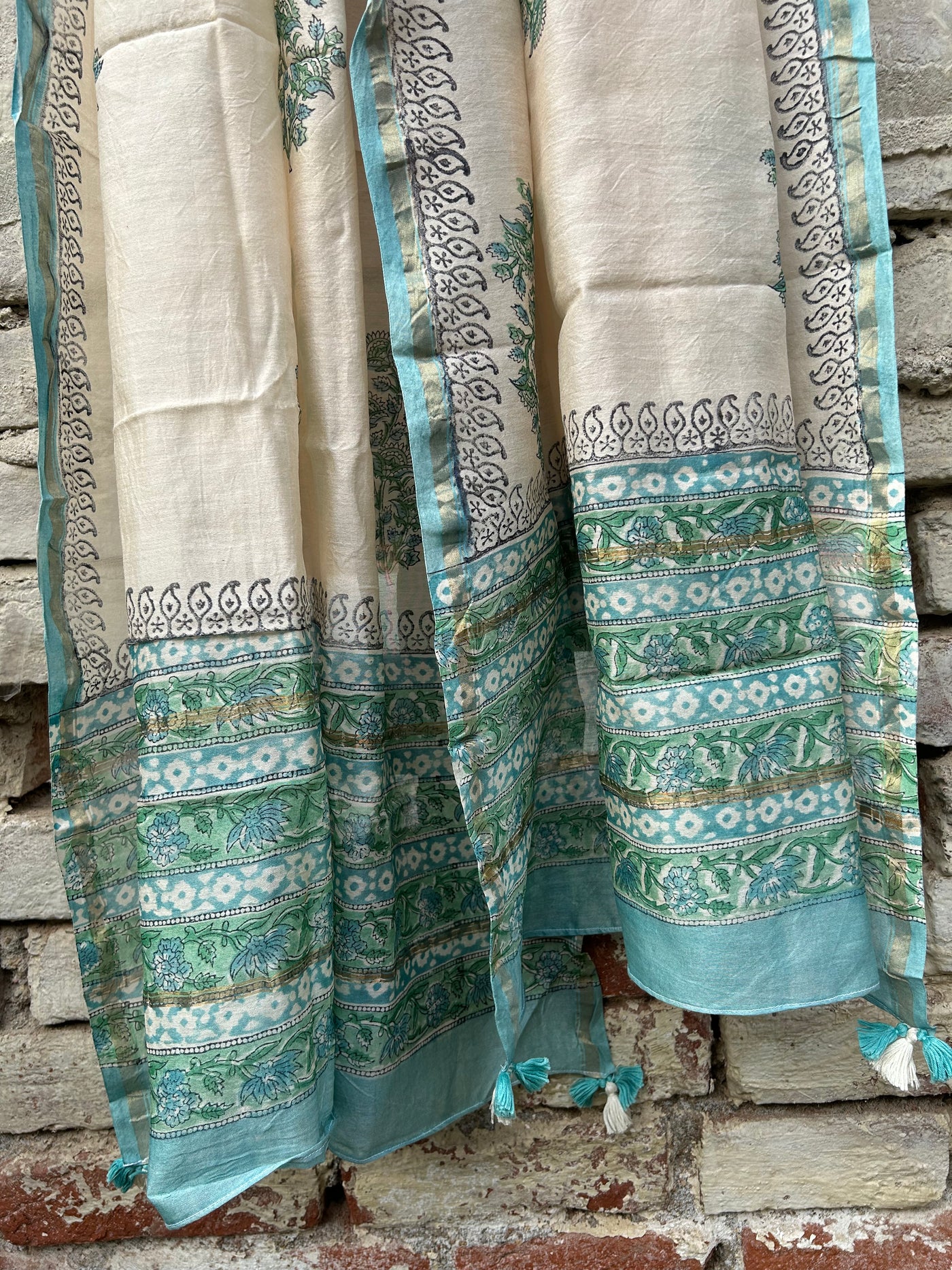 AASMANI: Handblock Printed Silk-Cott Chanderi Dupatta