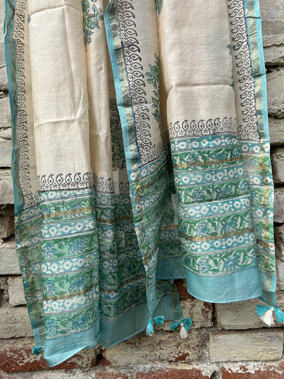 AASMANI: Handblock Printed Silk-Cott Chanderi Dupatta