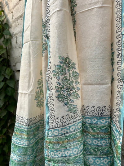 AASMANI: Handblock Printed Silk-Cott Chanderi Dupatta