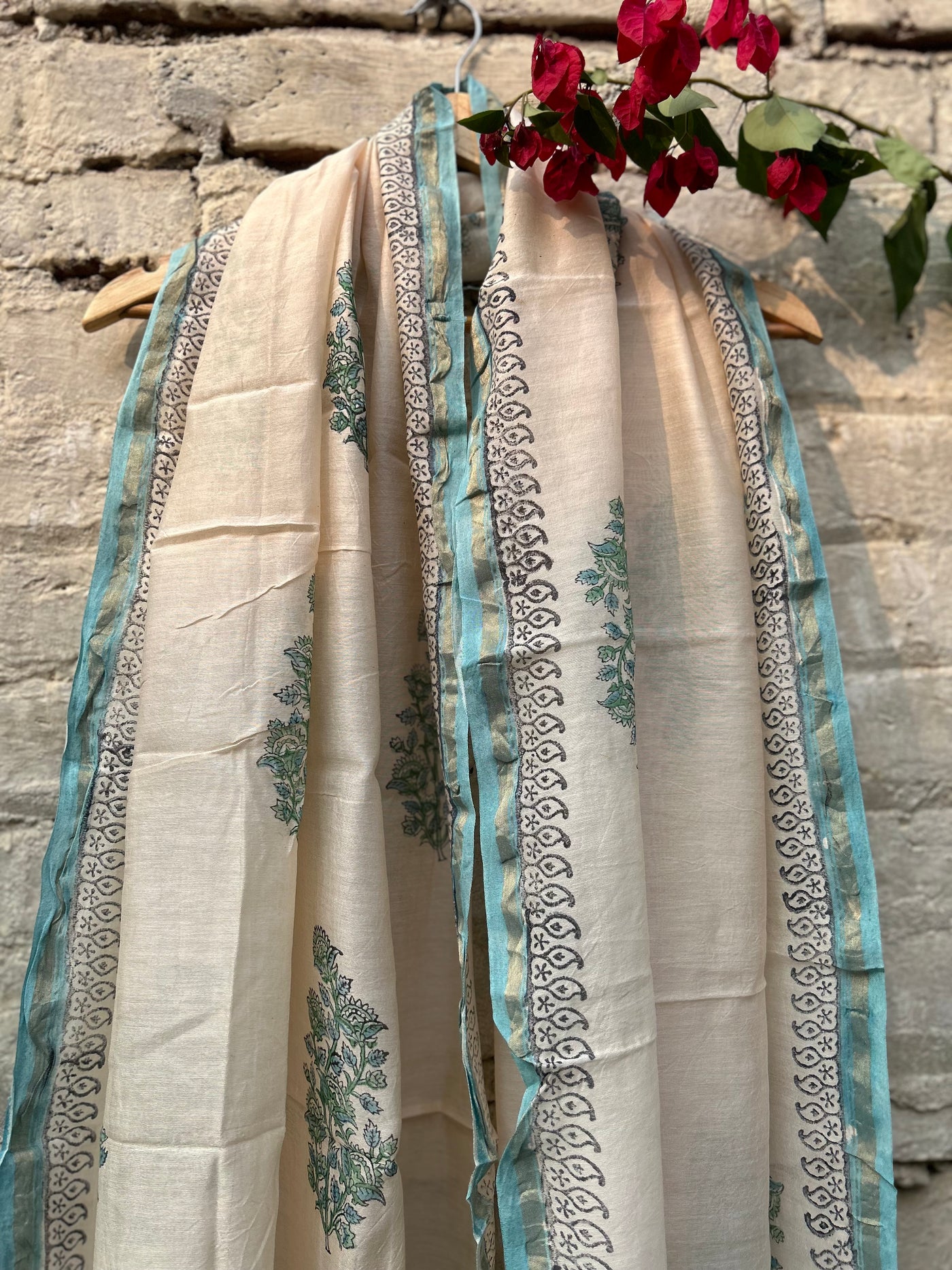 AASMANI: Handblock Printed Silk-Cott Chanderi Dupatta