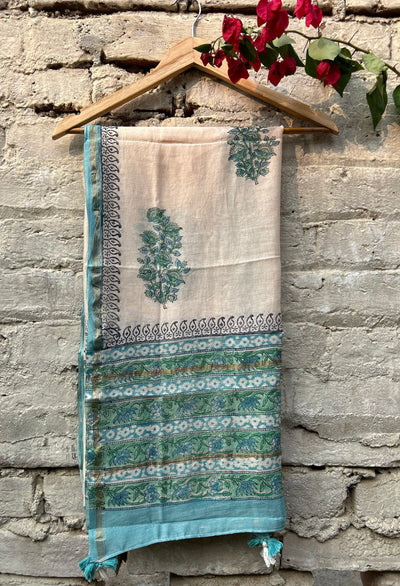 AASMANI: Handblock Printed Silk-Cott Chanderi Dupatta