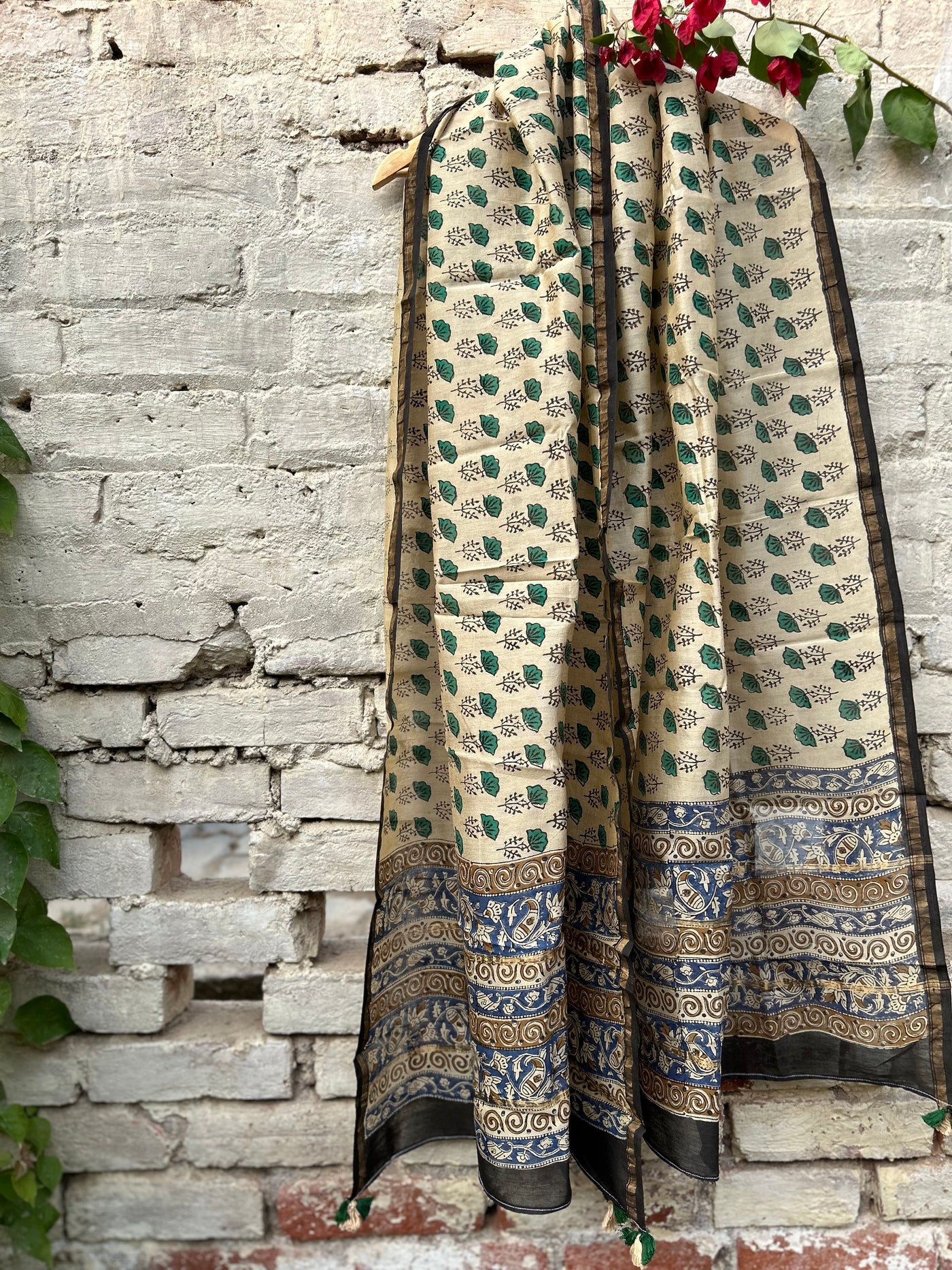 Green Leaves : Handblock Printed Silk-Cott Chanderi Dupatta