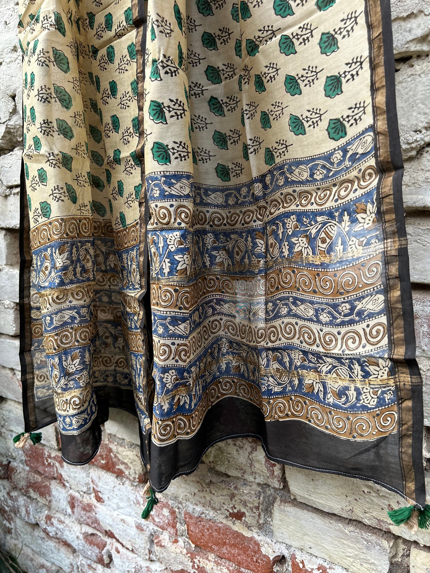 Green Leaves : Handblock Printed Silk-Cott Chanderi Dupatta