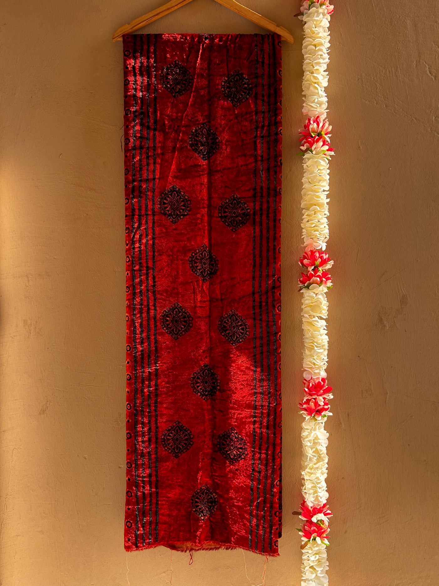 WINTER'S RED: MADDAR, HANDBLOCK PRINTED AJRAKH VELVET KURTA FABRIC