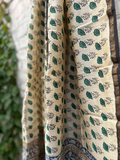 Green Leaves : Handblock Printed Silk-Cott Chanderi Dupatta