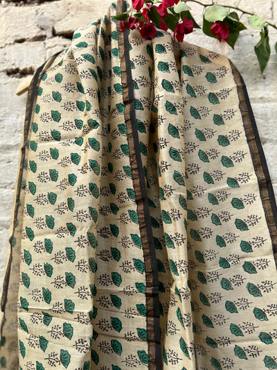 Green Leaves : Handblock Printed Silk-Cott Chanderi Dupatta