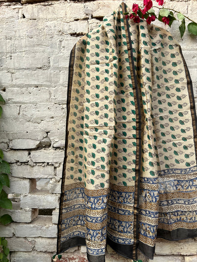 Green Leaves : Handblock Printed Silk-Cott Chanderi Dupatta