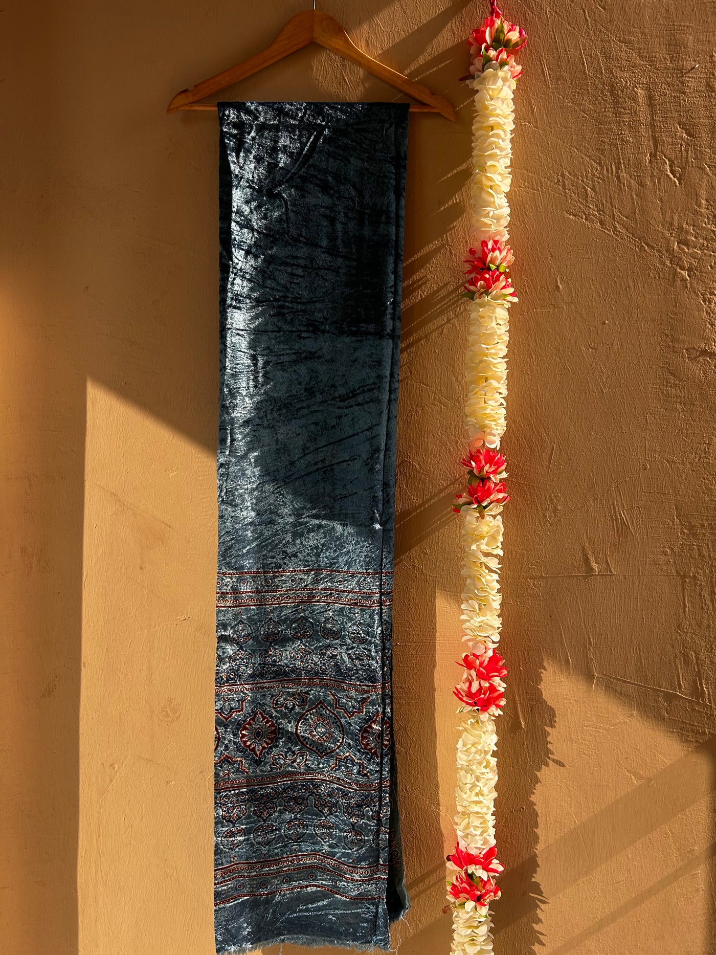 INDIGO DREAM: INDIGO, HANDBLOCK PRINTED AJRAKH VELVET KURTA FABRIC