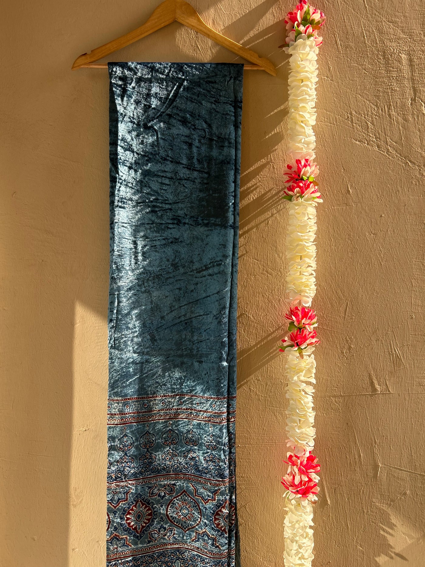 INDIGO DREAM: INDIGO, HANDBLOCK PRINTED AJRAKH VELVET KURTA FABRIC