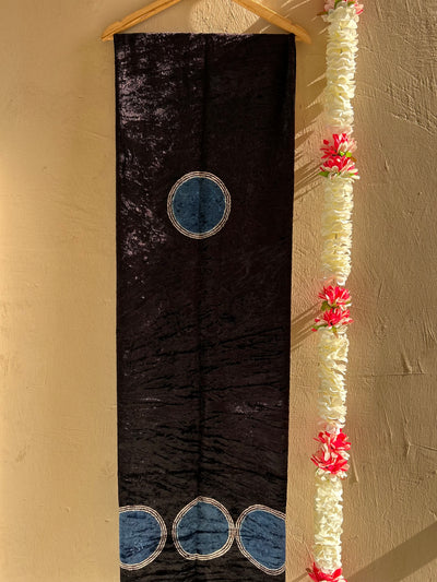 LOVE OF BLACK: BLACK, HANDBLOCK PRINTED AJRAKH VELVET KURTA FABRIC