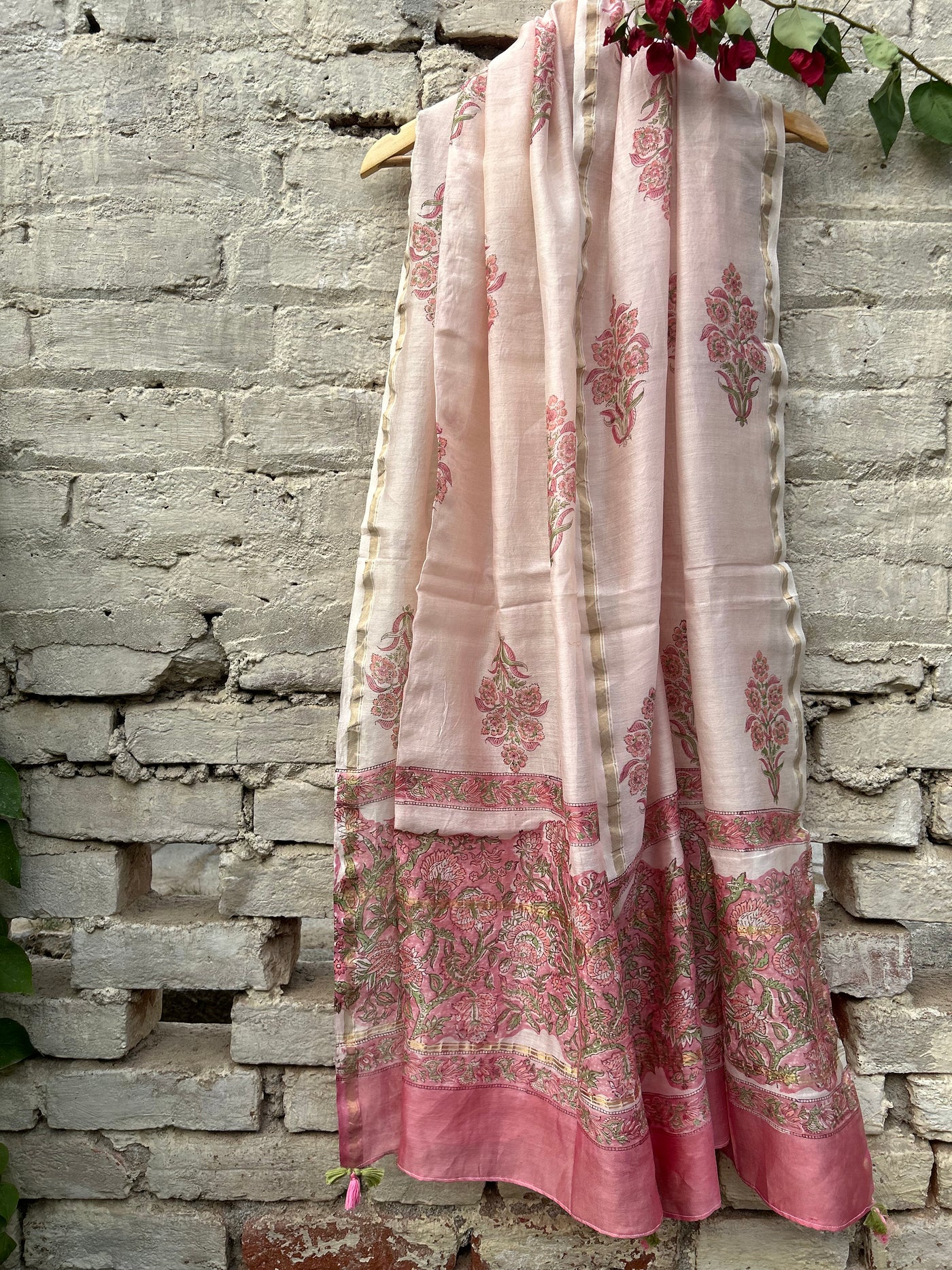 ROSY : Handblock Printed Silk-Cott Chanderi Dupatta