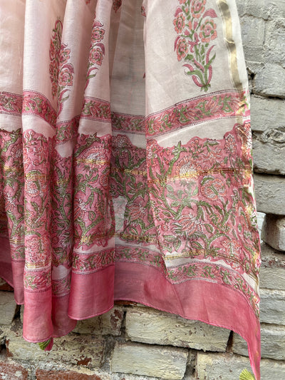 ROSY : Handblock Printed Silk-Cott Chanderi Dupatta