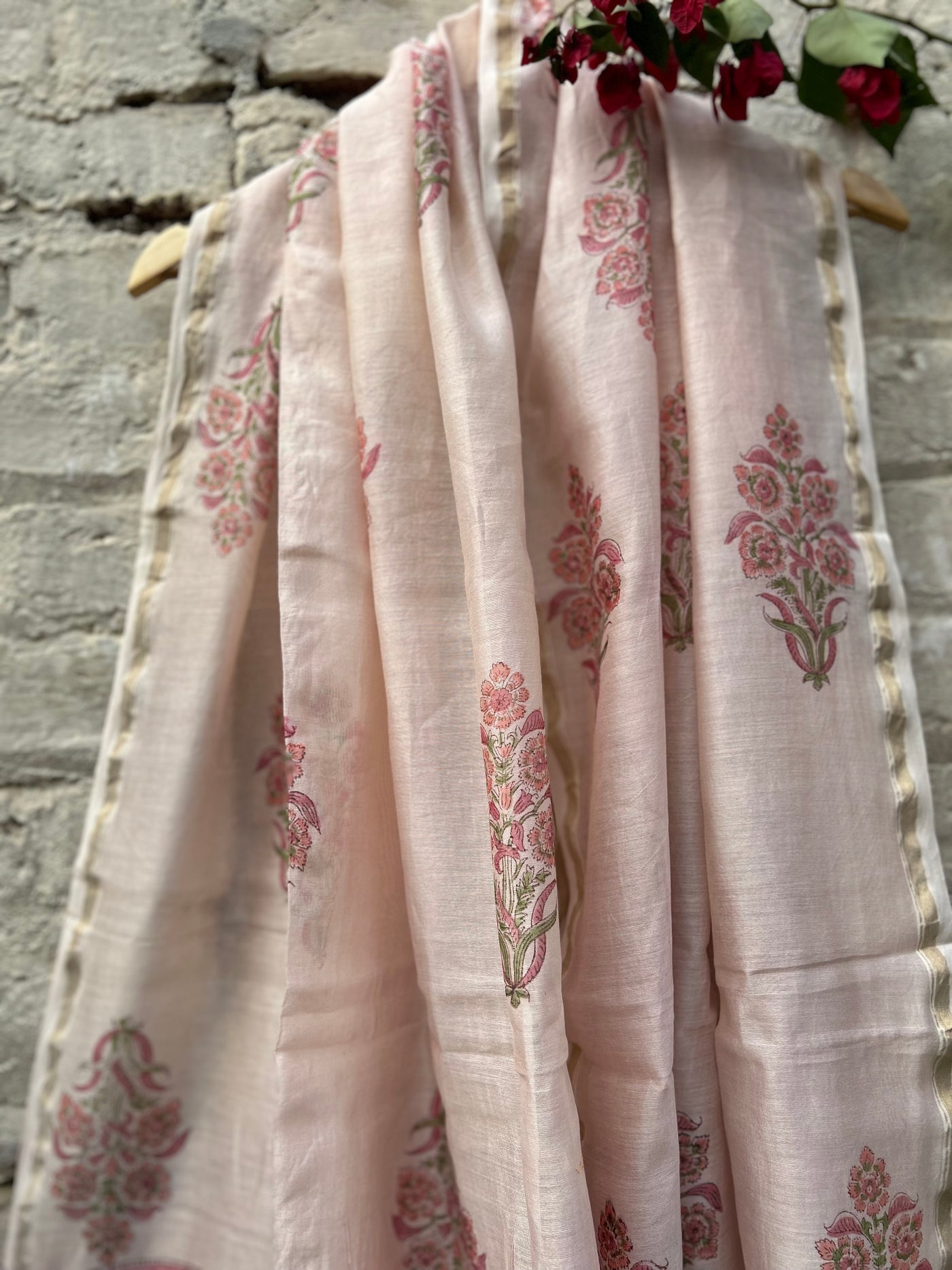 ROSY : Handblock Printed Silk-Cott Chanderi Dupatta