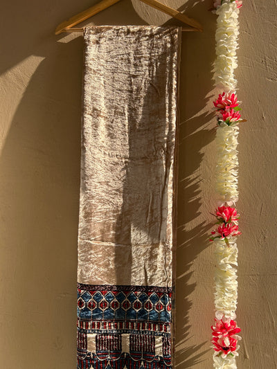 CREAMY VANILLA: CREAM, HANDBLOCK PRINTED AJRAKH VELVET KURTA FABRIC