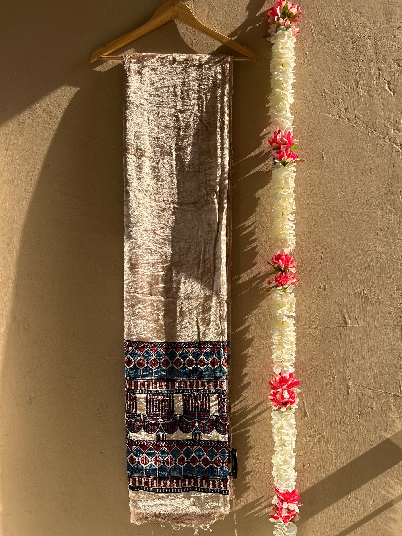 CREAMY VANILLA: CREAM, HANDBLOCK PRINTED AJRAKH VELVET KURTA FABRIC