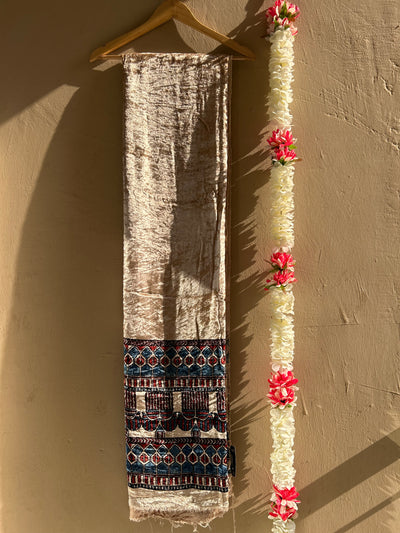 CREAMY VANILLA: CREAM, HANDBLOCK PRINTED AJRAKH VELVET KURTA FABRIC