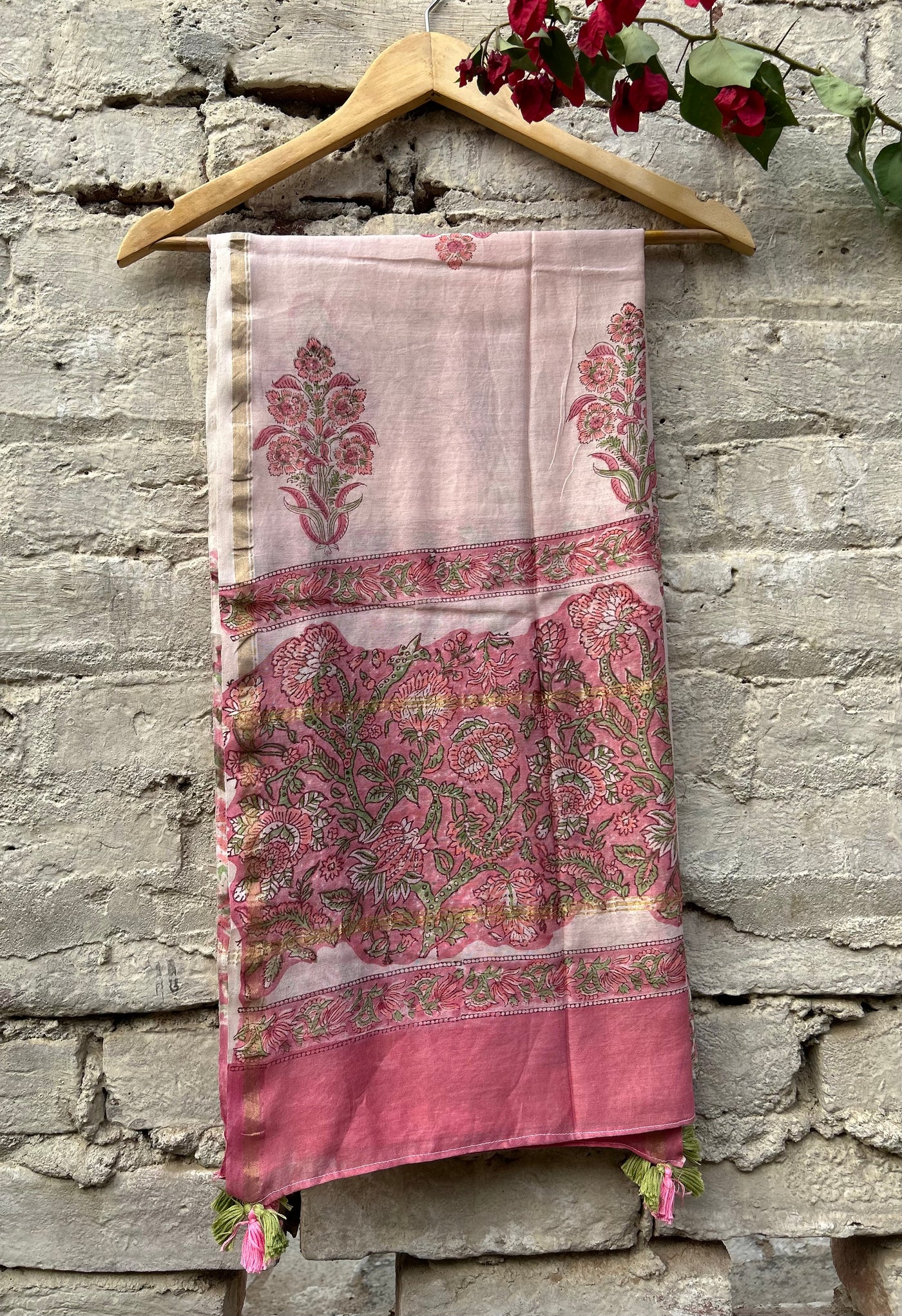 ROSY : Handblock Printed Silk-Cott Chanderi Dupatta