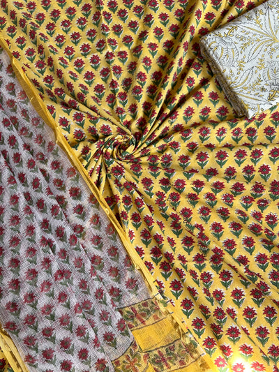 NISHA: HANDBLOCK BAGRU PRINTED COTTON 3 PIECE SUIT SET WITH DORIA DUPATTA