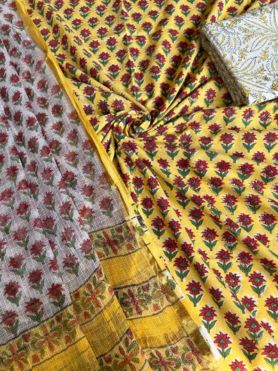 NISHA: HANDBLOCK BAGRU PRINTED COTTON 3 PIECE SUIT SET WITH DORIA DUPATTA