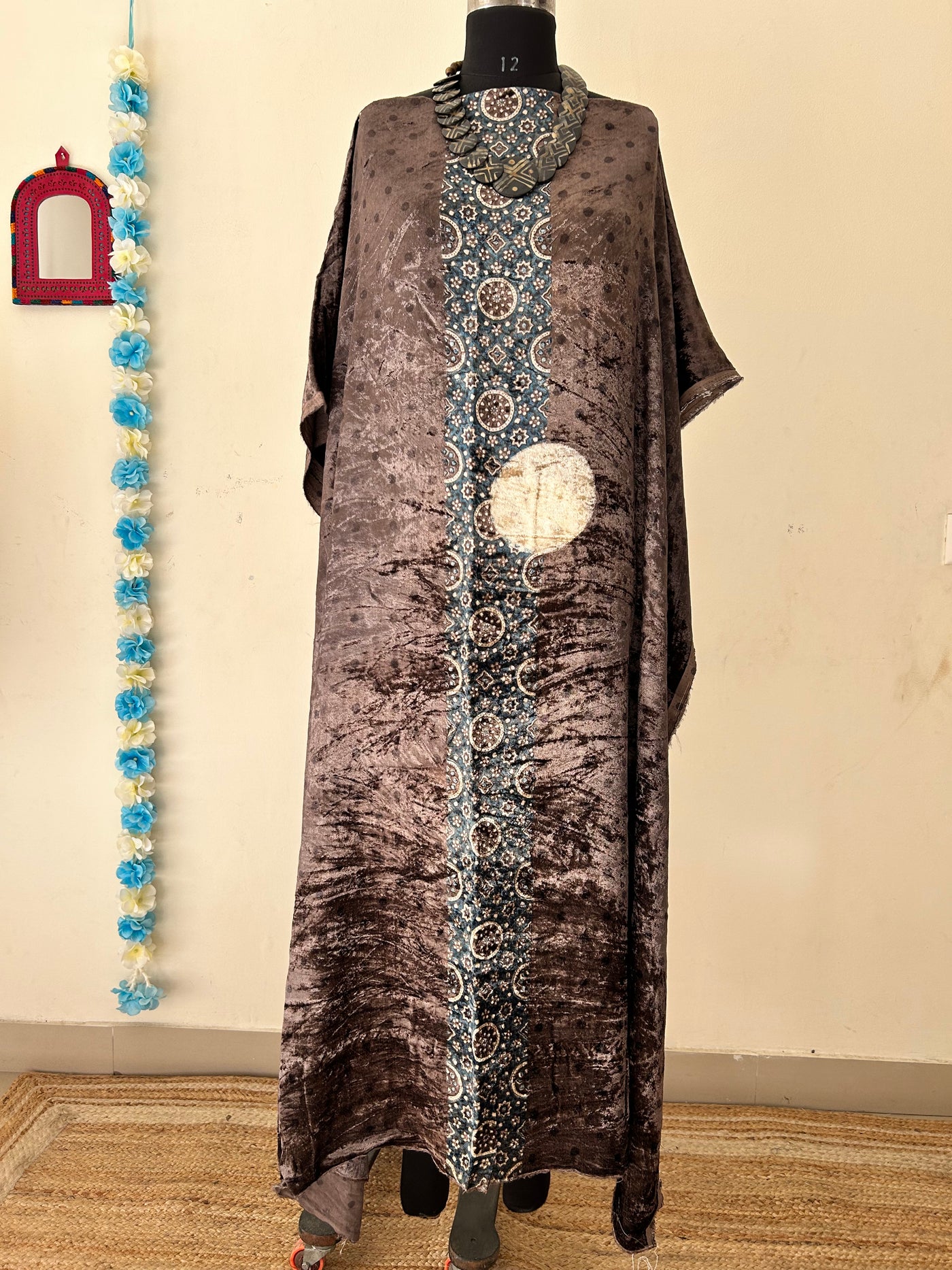 CHOCO LAVA:HANDBLOCK PRINTED AJRAKH VELVET KURTA FABRIC