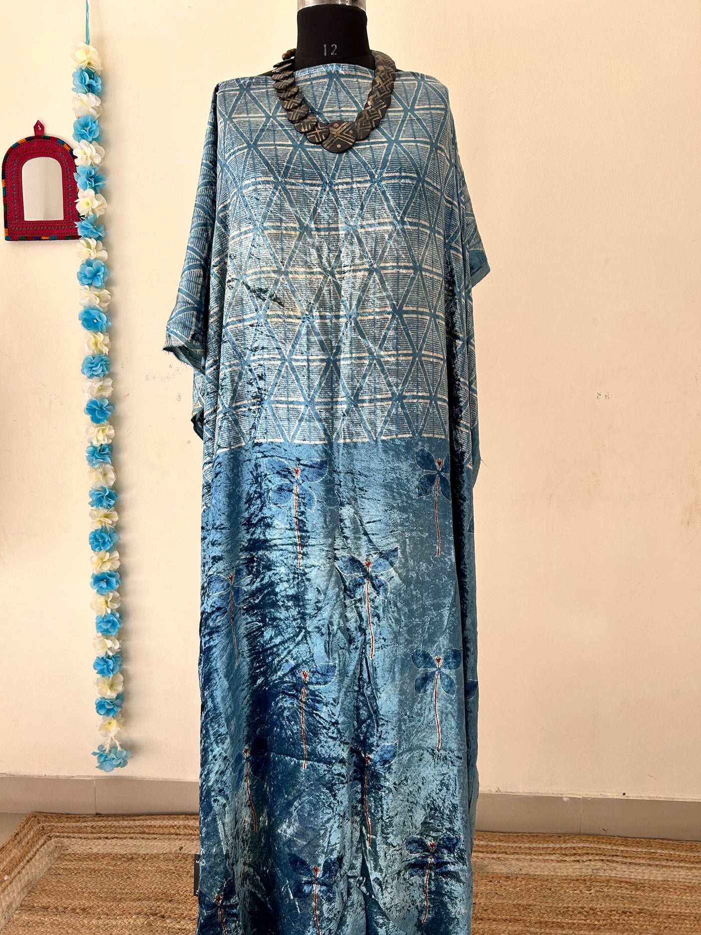 BLUE BUTTERFLY: INDIGO, HANDBLOCK PRINTED AJRAKH VELVET KURTA FABRIC