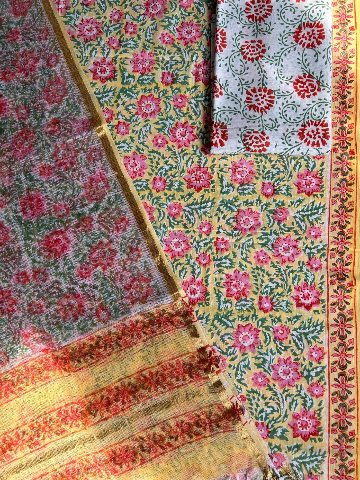 BAHAR: HANDBLOCK BAGRU PRINTED COTTON 3 PIECE SUIT SET WITH DORIA DUPATTA