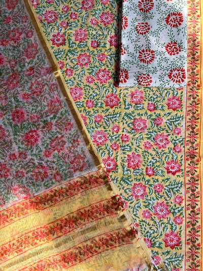 BAHAR: HANDBLOCK BAGRU PRINTED COTTON 3 PIECE SUIT SET WITH DORIA DUPATTA