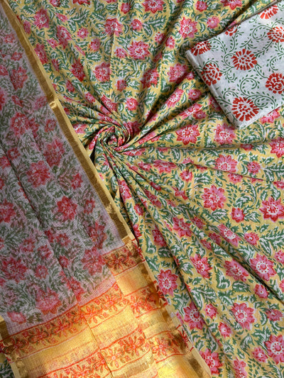 BAHAR: HANDBLOCK BAGRU PRINTED COTTON 3 PIECE SUIT SET WITH DORIA DUPATTA