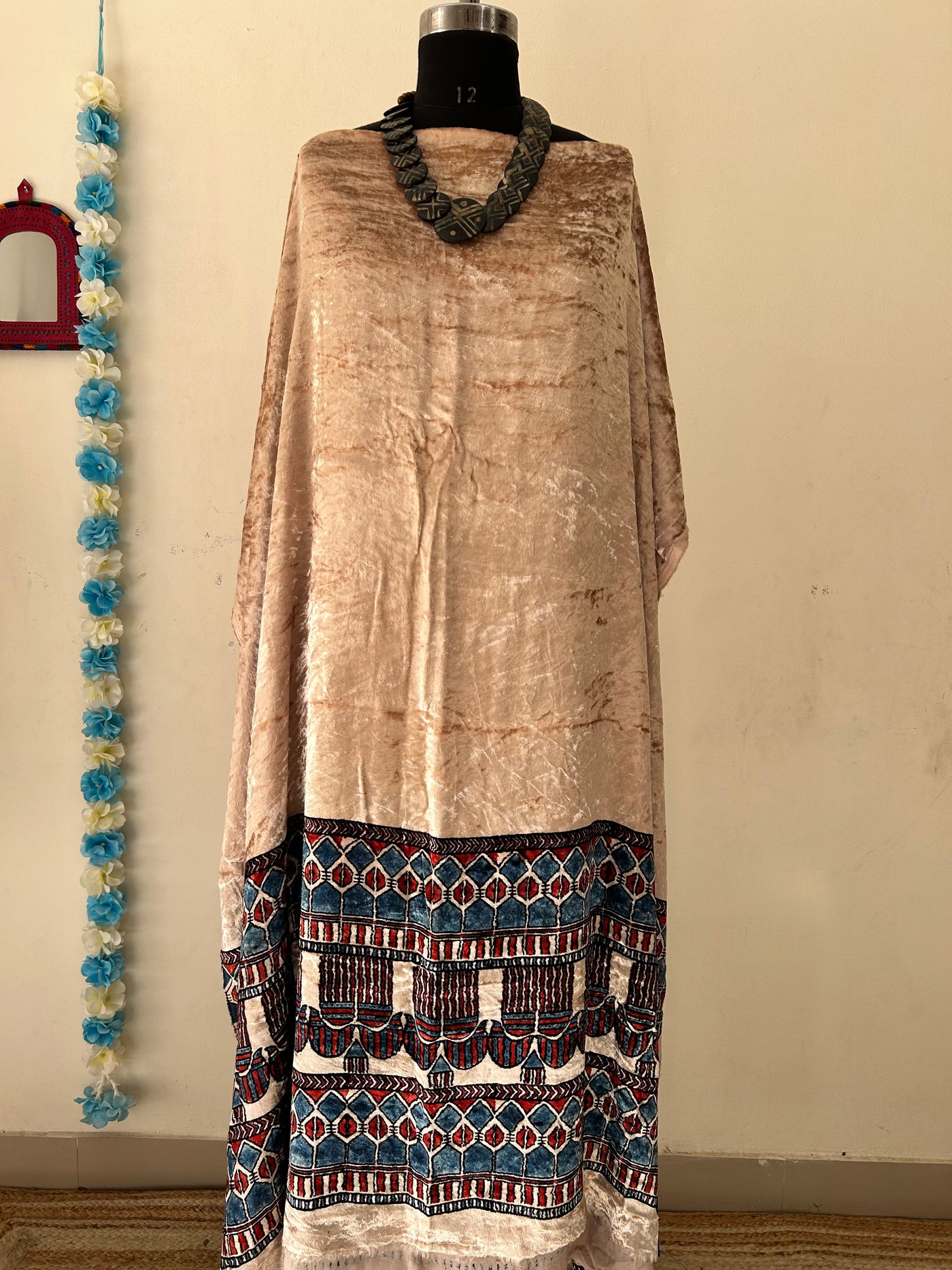 CREAMY VANILLA: CREAM, HANDBLOCK PRINTED AJRAKH VELVET KURTA FABRIC