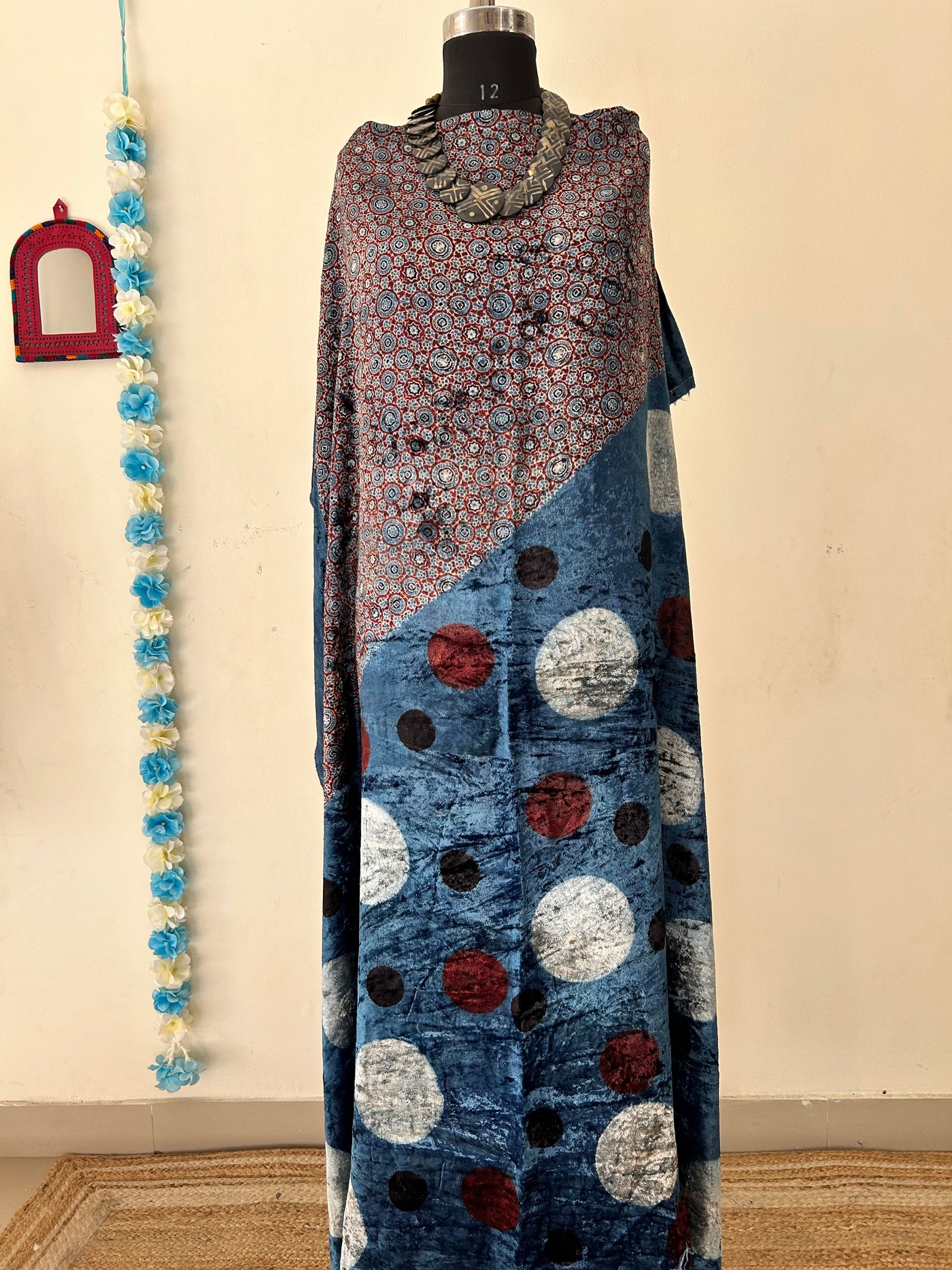 INDIGO POLKA: INDIGO, HANDBLOCK PRINTED AJRAKH VELVET KURTA FABRIC