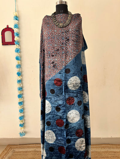 INDIGO POLKA: INDIGO, HANDBLOCK PRINTED AJRAKH VELVET KURTA FABRIC