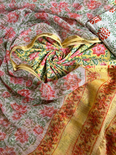 BAHAR: HANDBLOCK BAGRU PRINTED COTTON 3 PIECE SUIT SET WITH DORIA DUPATTA