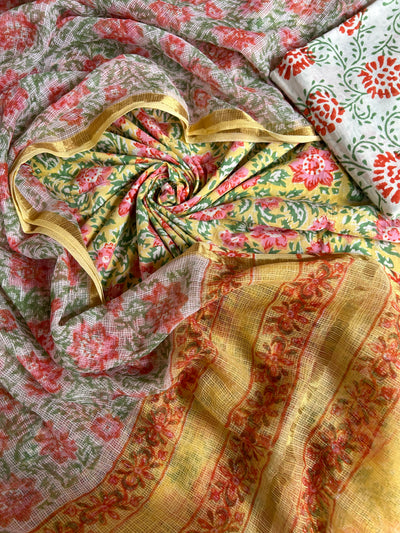 BAHAR: HANDBLOCK BAGRU PRINTED COTTON 3 PIECE SUIT SET WITH DORIA DUPATTA