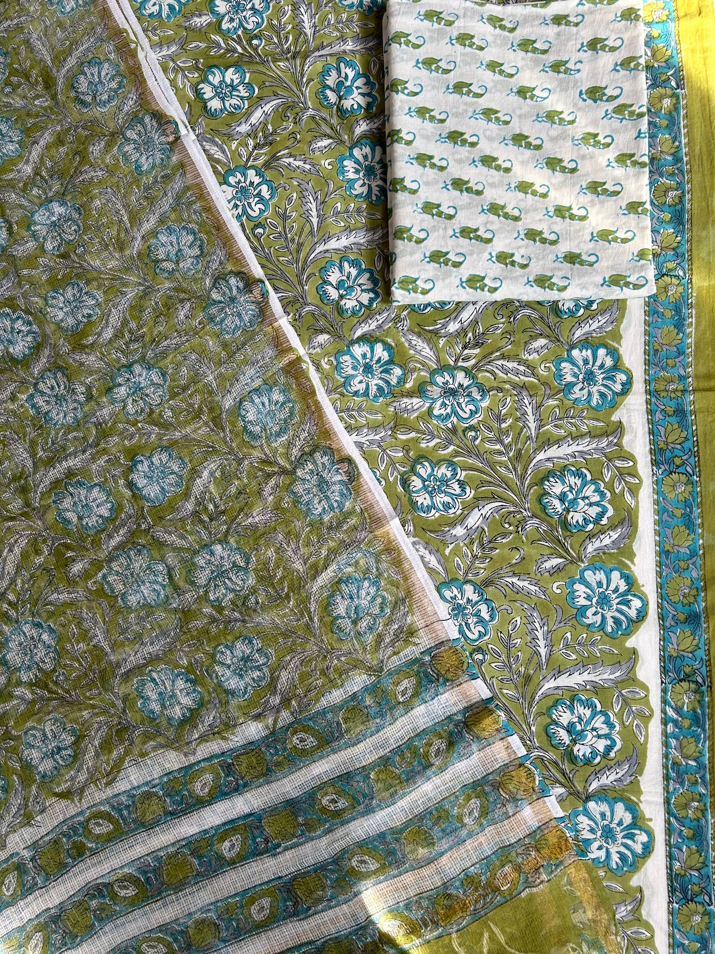 MAHI: HANDBLOCK BAGRU PRINTED COTTON 3 PIECE SUIT SET WITH DORIA DUPATTA
