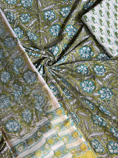 MAHI: HANDBLOCK BAGRU PRINTED COTTON 3 PIECE SUIT SET WITH DORIA DUPATTA