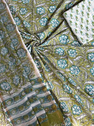 MAHI: HANDBLOCK BAGRU PRINTED COTTON 3 PIECE SUIT SET WITH DORIA DUPATTA