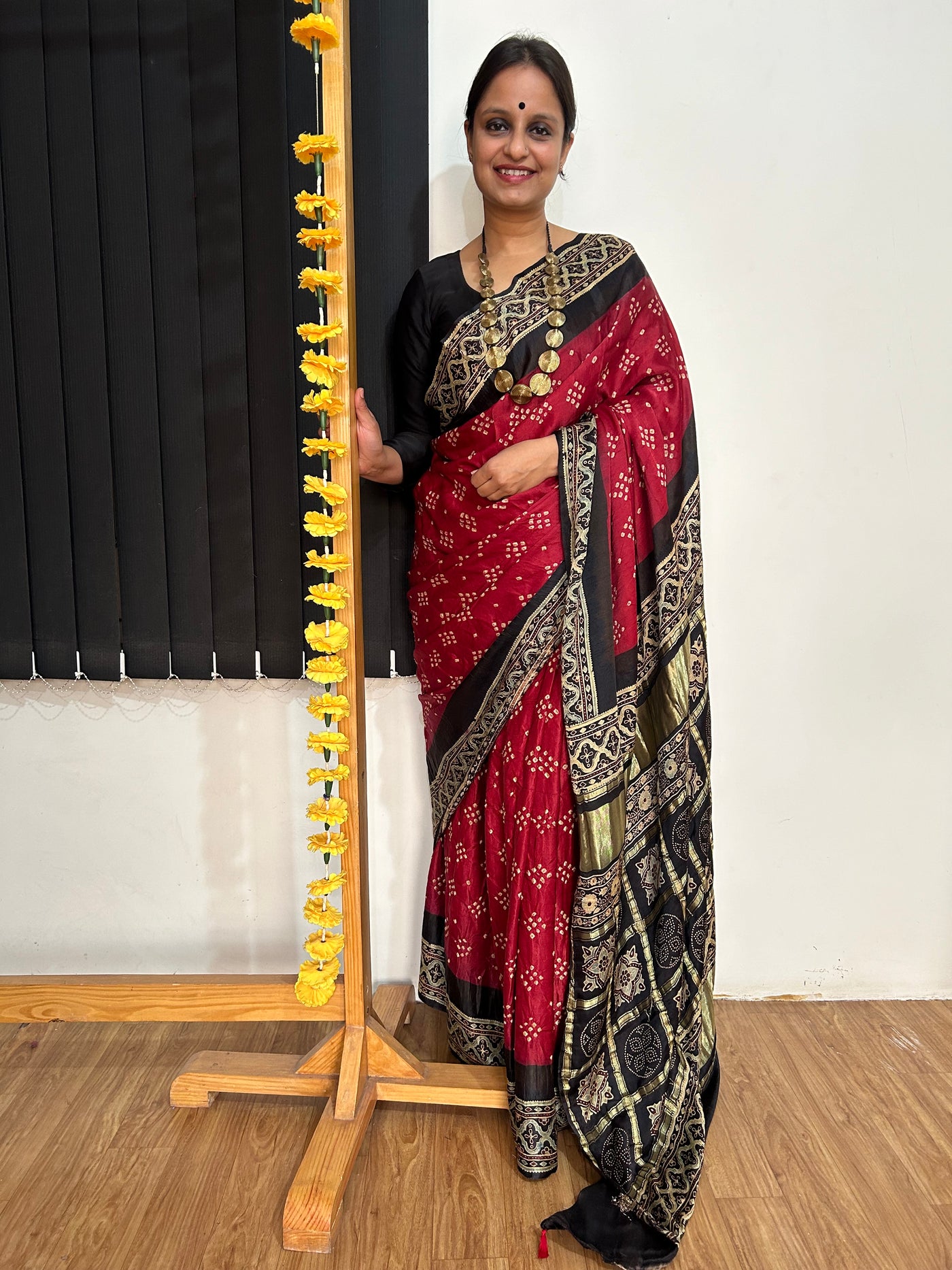 NEERZA:HANDMADE PURE GAJJI SILK AJRAKH BANDHEJ GHARCHOLA PALLU SAREE