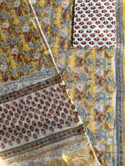 MASAKALI: HANDBLOCK DABU PRINTED KOTA DORIA 3 PIECE SUIT SET
