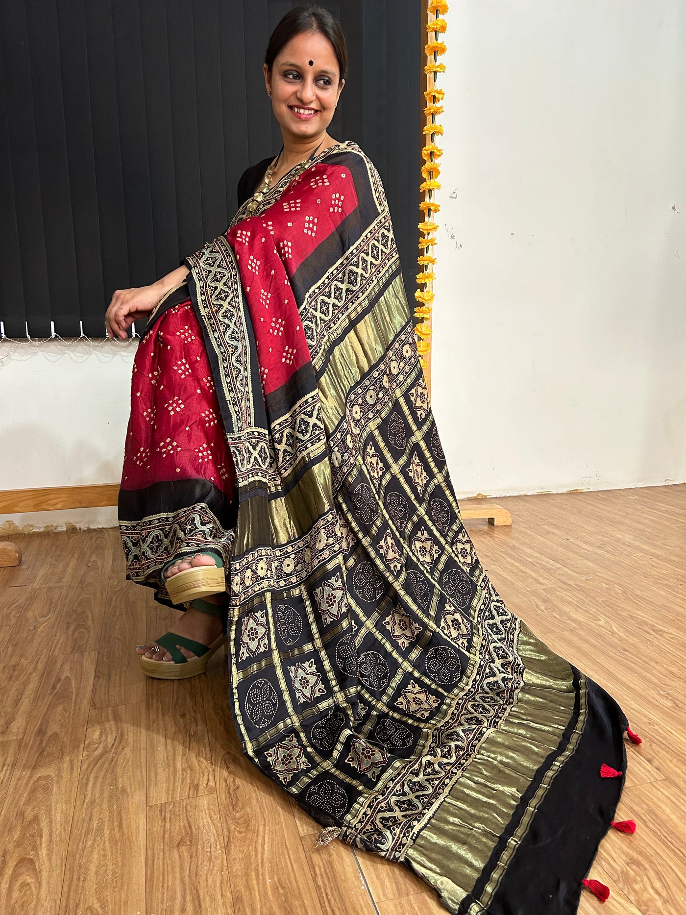 NEERZA:HANDMADE PURE GAJJI SILK AJRAKH BANDHEJ GHARCHOLA PALLU SAREE