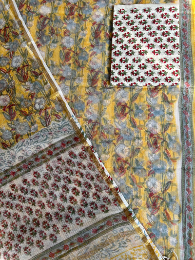 MASAKALI: HANDBLOCK DABU PRINTED KOTA DORIA 3 PIECE SUIT SET