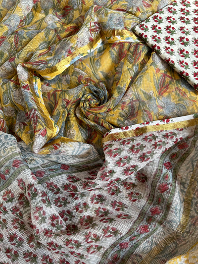 MASAKALI: HANDBLOCK DABU PRINTED KOTA DORIA 3 PIECE SUIT SET