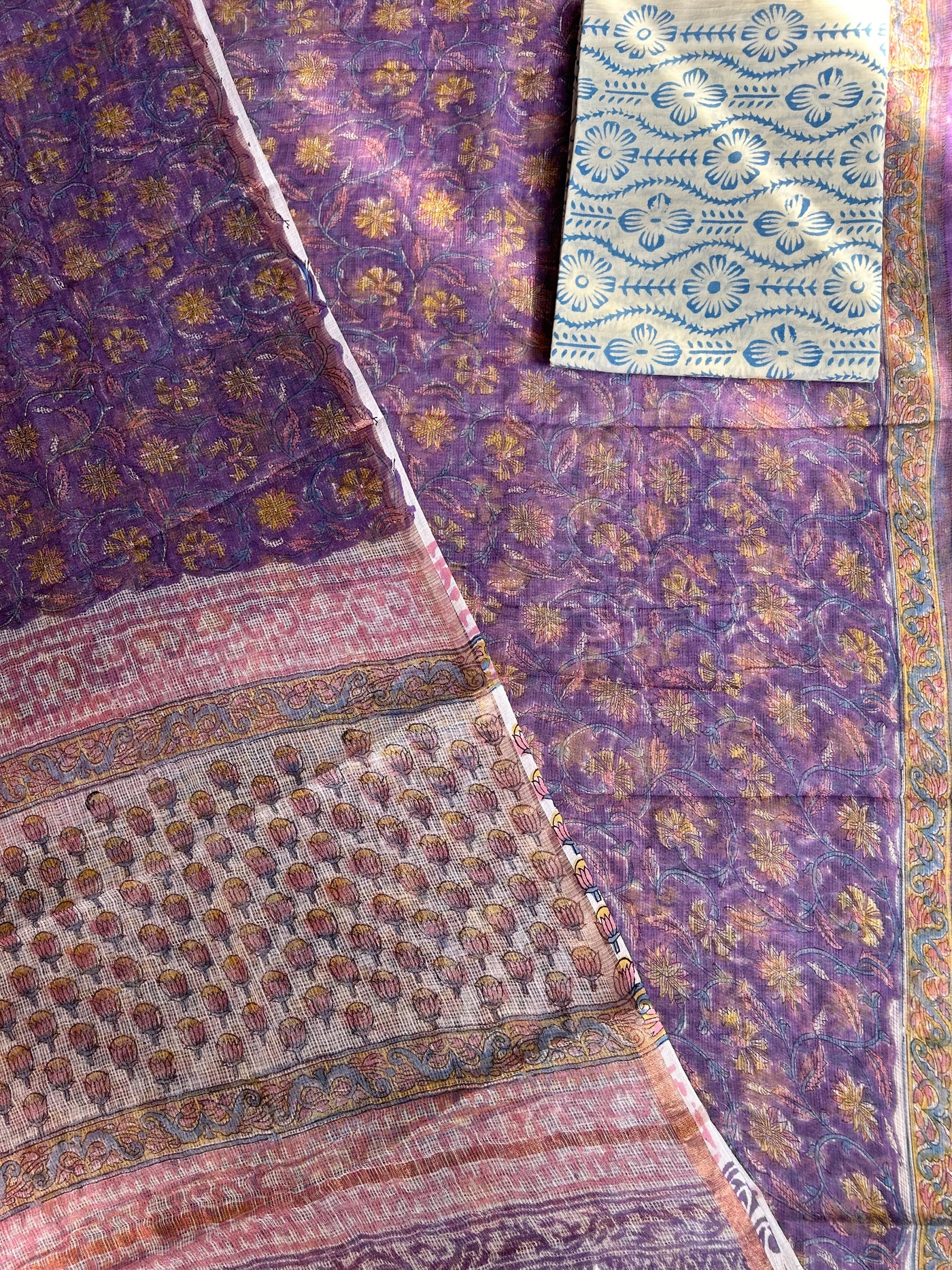 KASISH: HANDBLOCK DABU PRINTED KOTA DORIA 3 PIECE SUIT SET