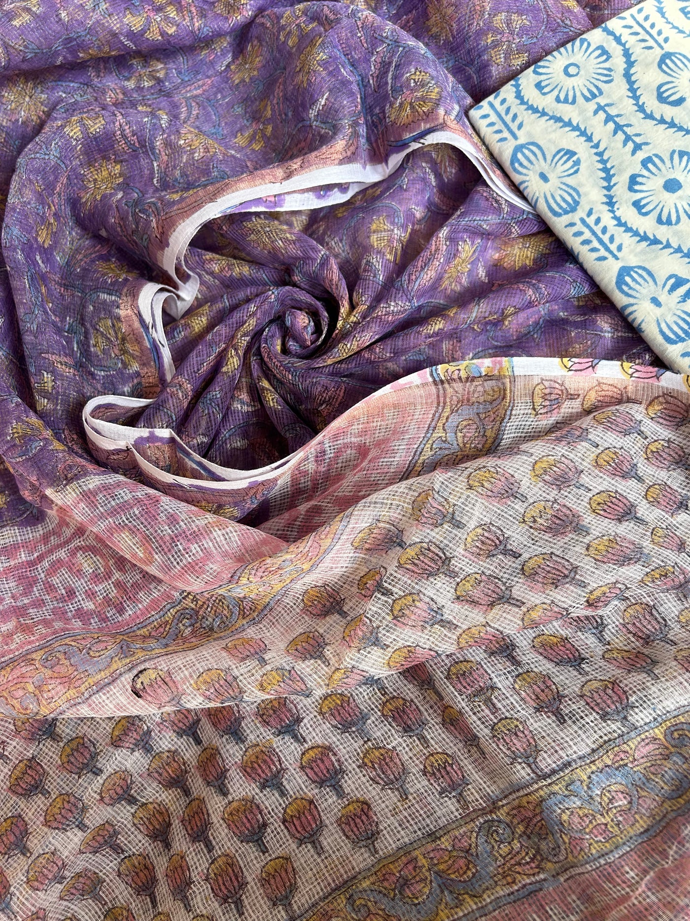 KASISH: HANDBLOCK DABU PRINTED KOTA DORIA 3 PIECE SUIT SET