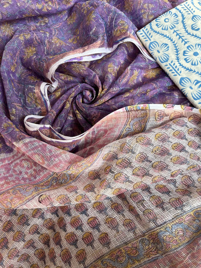KASISH: HANDBLOCK DABU PRINTED KOTA DORIA 3 PIECE SUIT SET