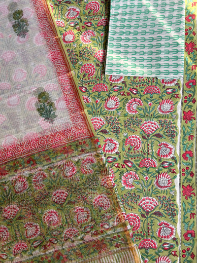 JANAKI: HANDBLOCK BAGRU PRINTED COTTON 3 PIECE SUIT SET WITH DORIA DUPATTA