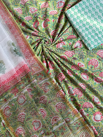 JANAKI: HANDBLOCK BAGRU PRINTED COTTON 3 PIECE SUIT SET WITH DORIA DUPATTA