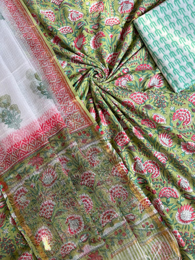JANAKI: HANDBLOCK BAGRU PRINTED COTTON 3 PIECE SUIT SET WITH DORIA DUPATTA