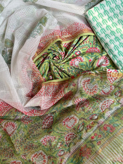 JANAKI: HANDBLOCK BAGRU PRINTED COTTON 3 PIECE SUIT SET WITH DORIA DUPATTA